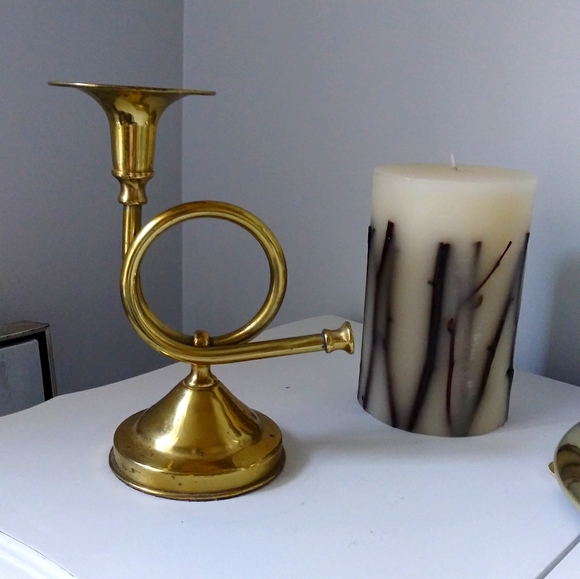 VTG brass French horn candle holder accent boho